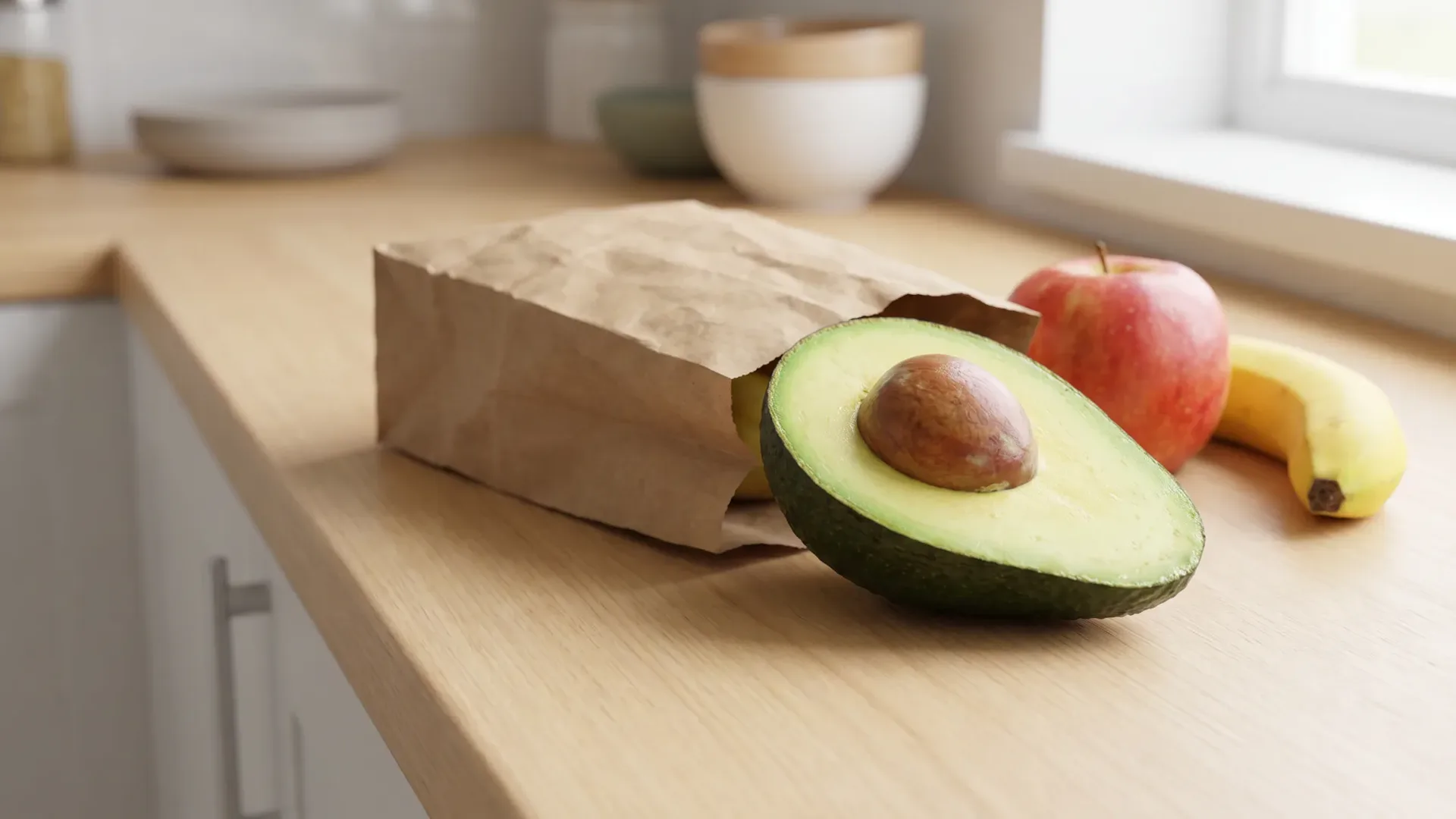 Reife aufgeschnittene Avocado neben einer Papiertüte