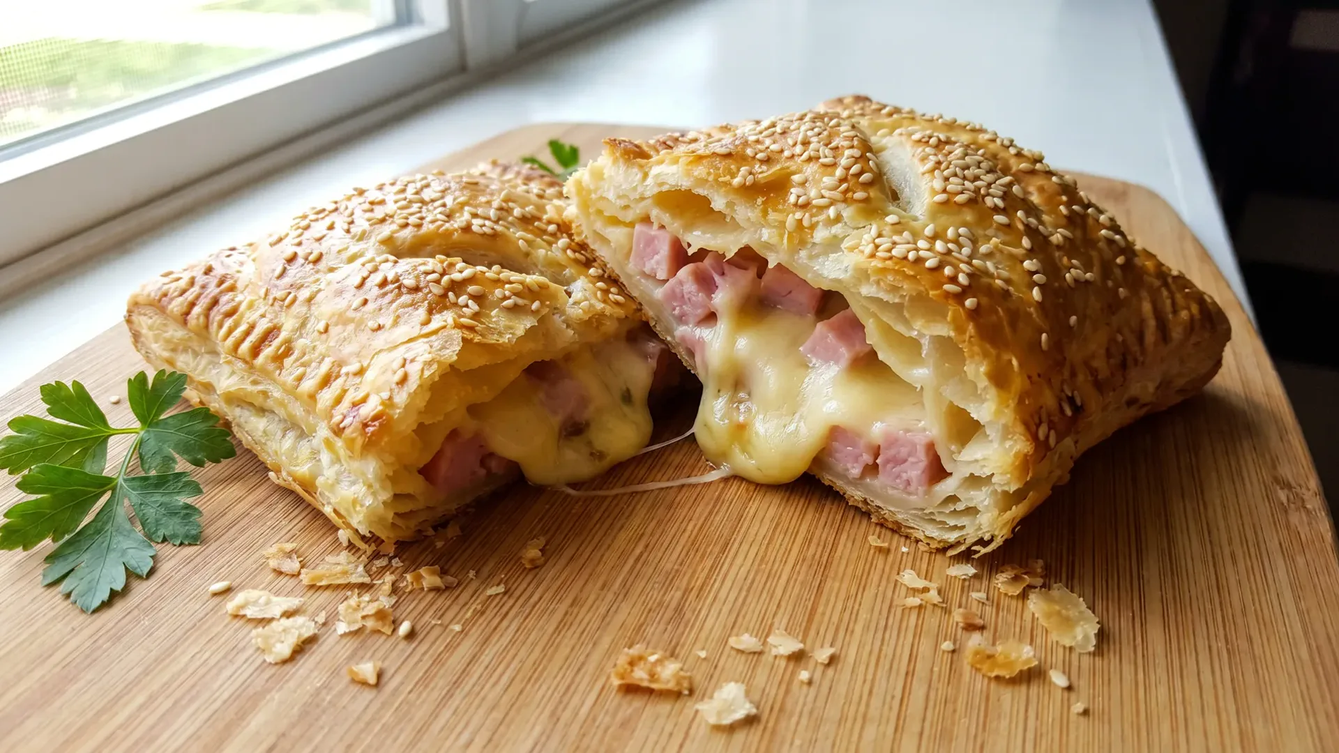 Aufgeschnittene Blätterteig-Tasche mit Schinken und geschmolzenem Käse