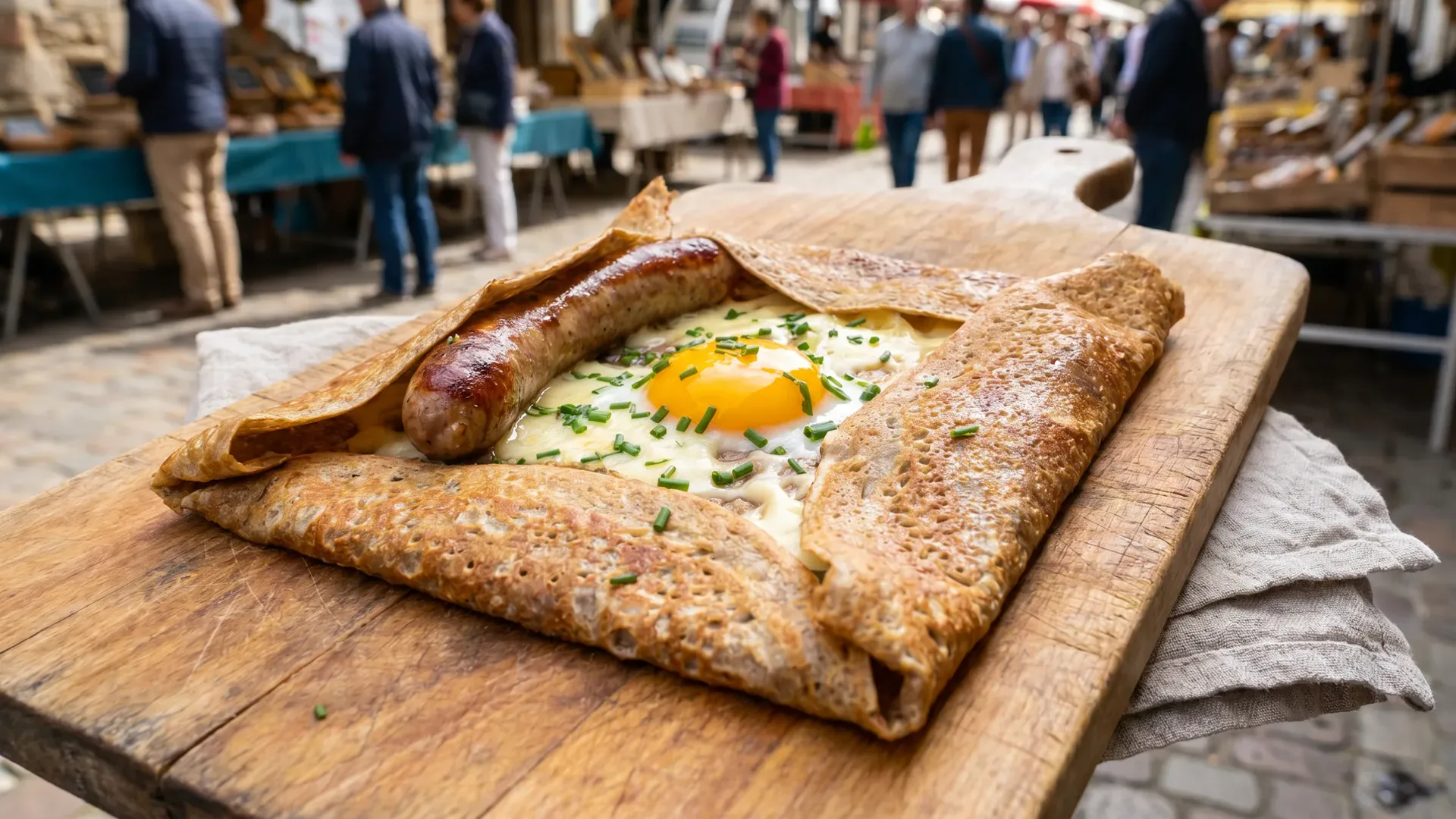 Bretonische Galette mit Wurst, Ei und geschmolzenem Käse aus der Nähe