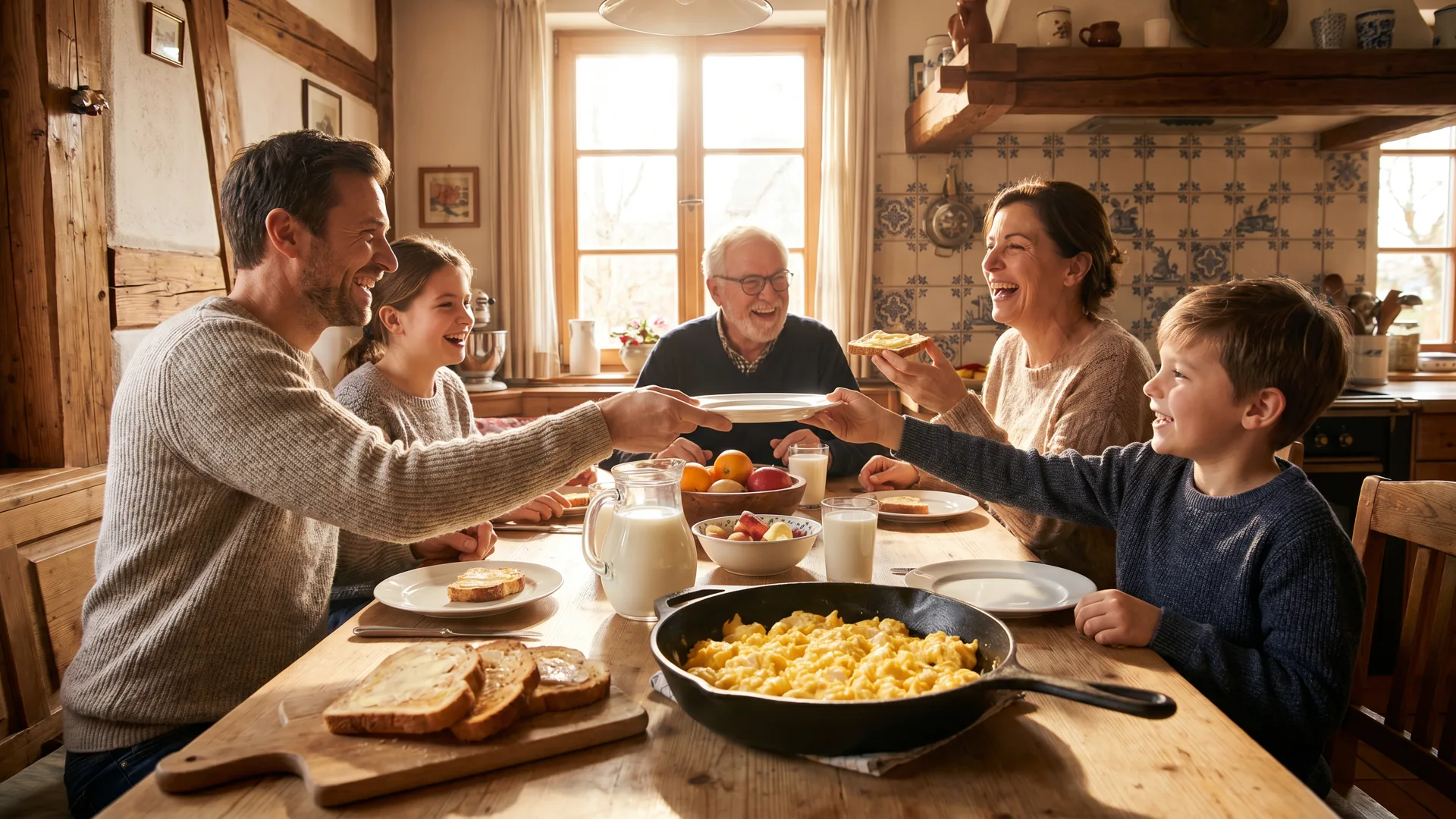 Cremiges deutsches Rührei auf Brot mit Kräutern am Frühstückstisch