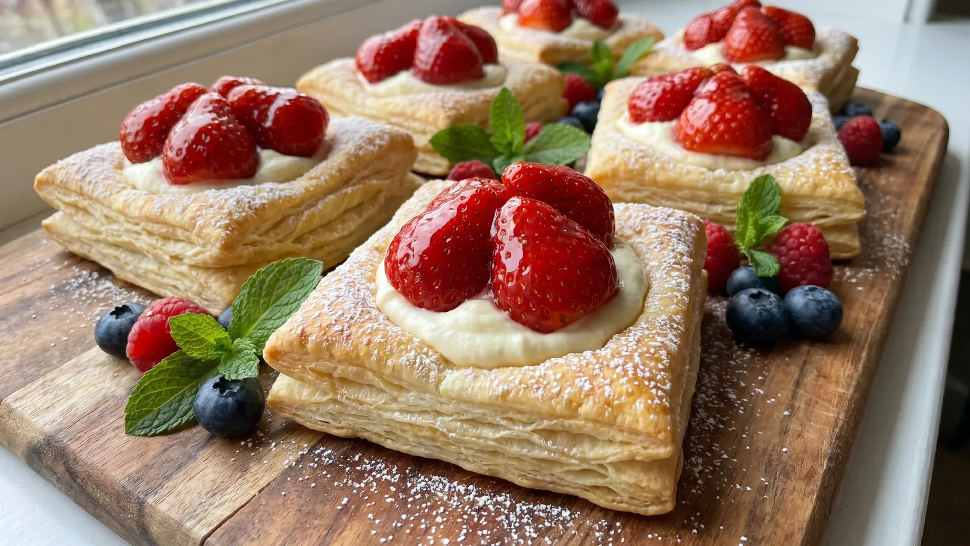 Erdbeer-Blätterteig-Tasche mit Vanillecreme im Anschnitt