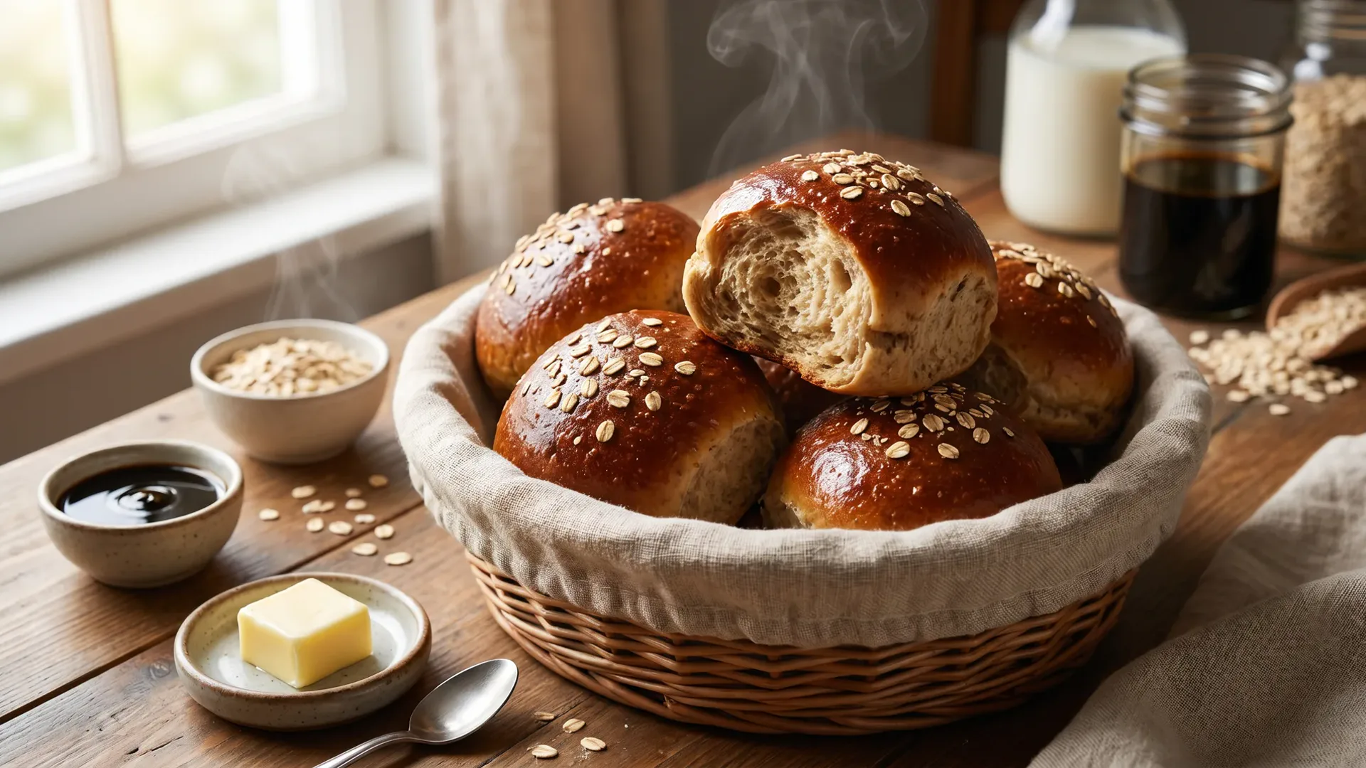 Aufgebrochenes Haferbrötchen mit weicher Krume