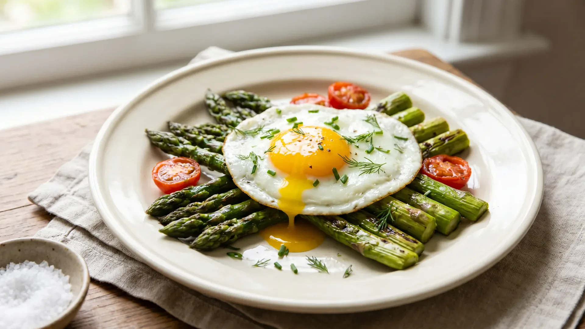 Spargel mit Spiegelei und weichem Eigelb aus der Nähe